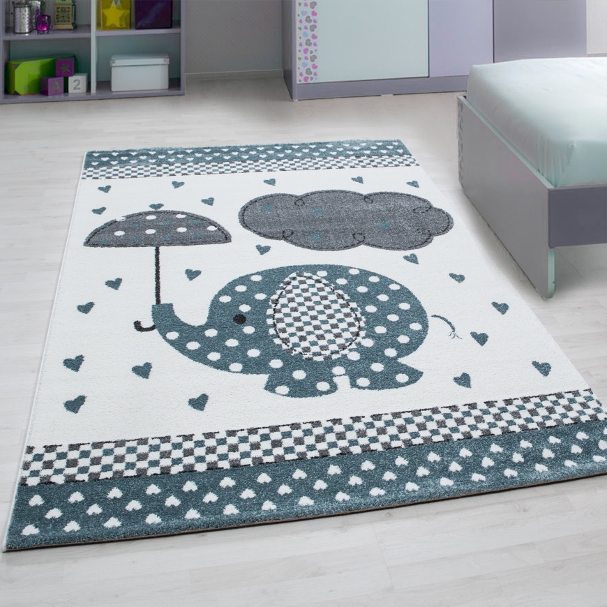 KIds Joy Blue Elephant White Rug